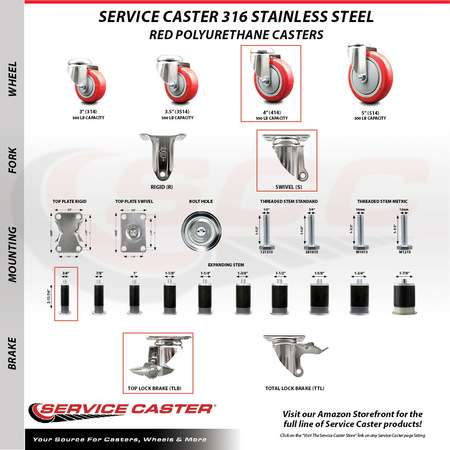 Service Caster 4 Inch 316SS Red Poly Swivel 3/4 Inch Expanding Stem Caster Set Brake SCC SCC-SS316EX20S414-PPUB-RED-TLB-34-4